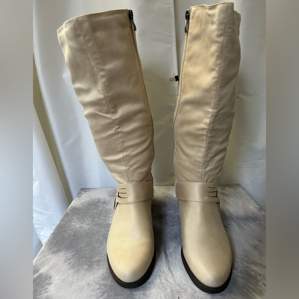 Journee Collection Tan Heeled Boots with Slouchy Shaft and Rounded Toe
